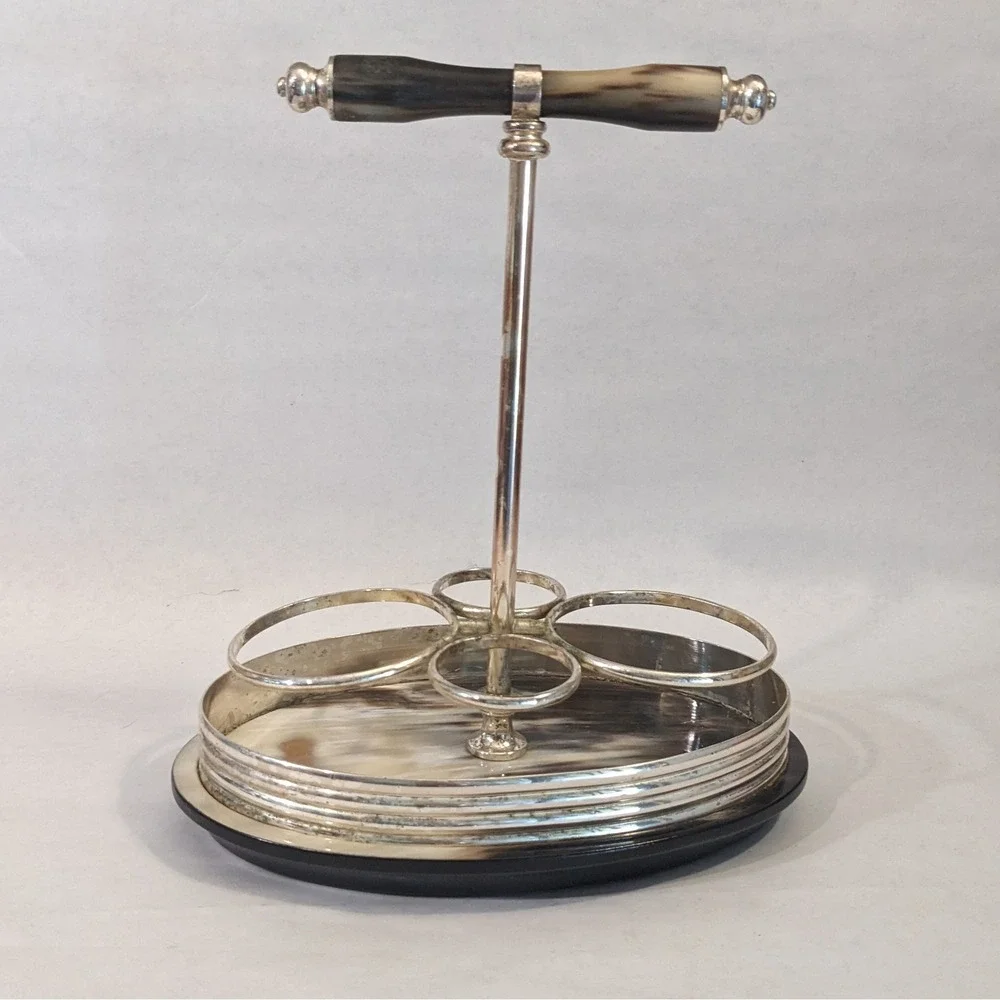 Vintage Silverplate Cruet Stand with Horn Inlay Base and Handle 4 Bottle Holder